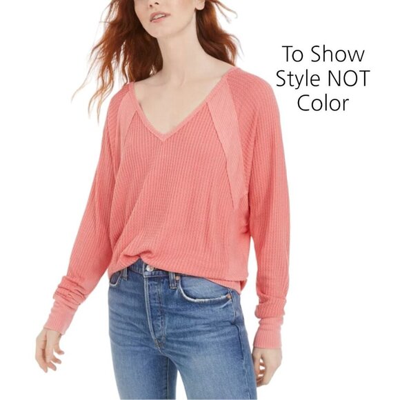 Free People Waffle Knit V-Neck Top Slouchy Oversized Beachy Boho Mulberry NWT - Picture 3 of 9